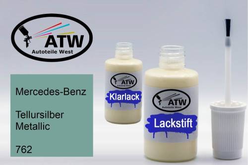 Mercedes-Benz, Tellursilber Metallic, 762: 20ml Lackstift + 20ml Klarlack - Set, von ATW Autoteile West.